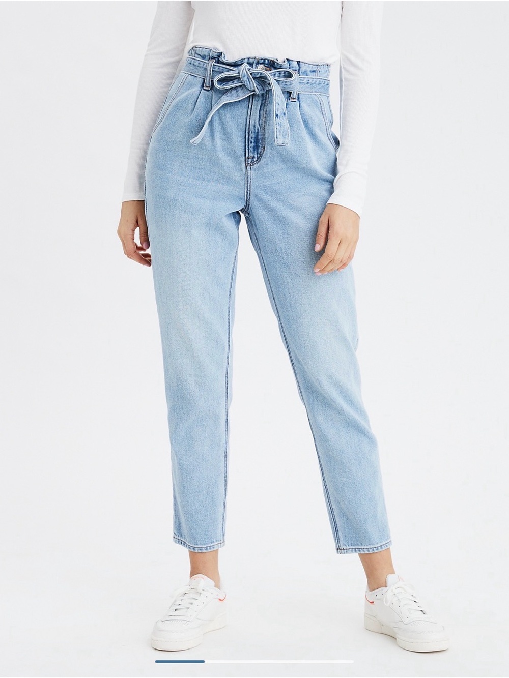 American Eagle AEO Highest Waist Mom Paperbag Jeans With Bow Belt in Light Blue
